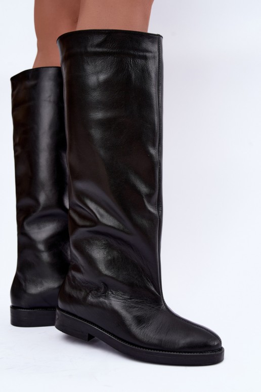 Botas altas de cuero cálidas con tacones anchos en negro Zazoo 542