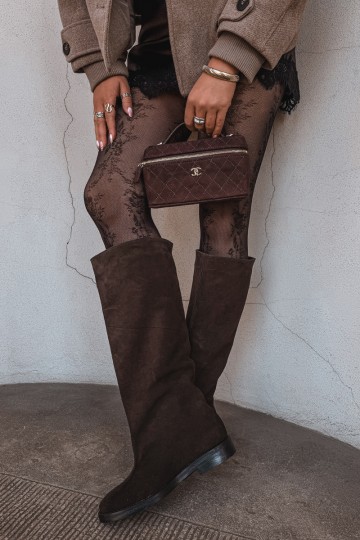 Botas altas de ante sintético cálidas con tacones anchos en marrón Zazoo 542 2