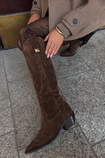 Botas altas cálidas de estilo cowboy en ante sintético marrón Zazoo 4224 2