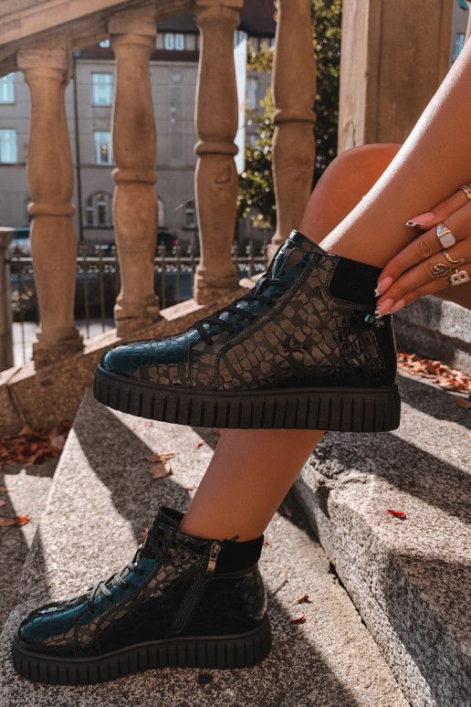 Botines negros aislados para mujer con cordones de cuero natural con estampado Lee Cooper LCJ-26-01-4634