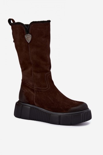 botas altas para mujer de ante sintético marrón con lana Zazoo