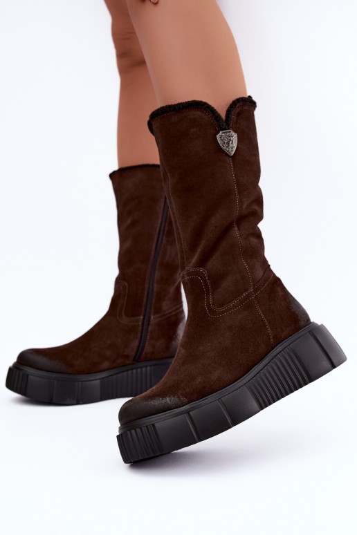 botas altas para mujer de ante sintético marrón con lana Zazoo