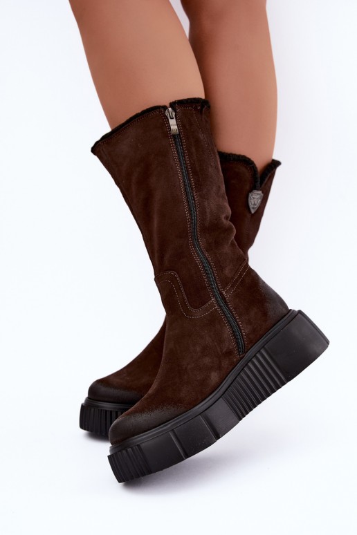 botas altas para mujer de ante sintético marrón con lana Zazoo