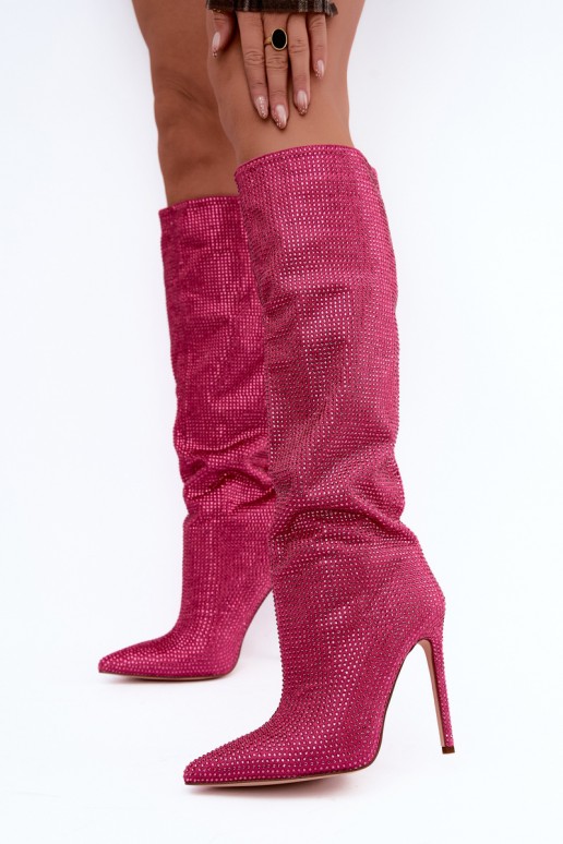botas altas con tacones delgados y ojales brillantes en color rosa Lovisa