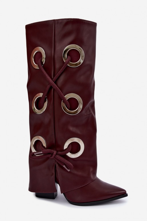 botas altas con caña atada y cordones decorativos en color burdeos Pamina