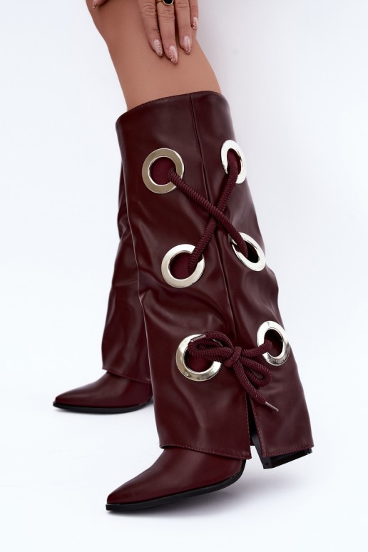 botas altas con caña atada y cordones decorativos en color burdeos Pamina