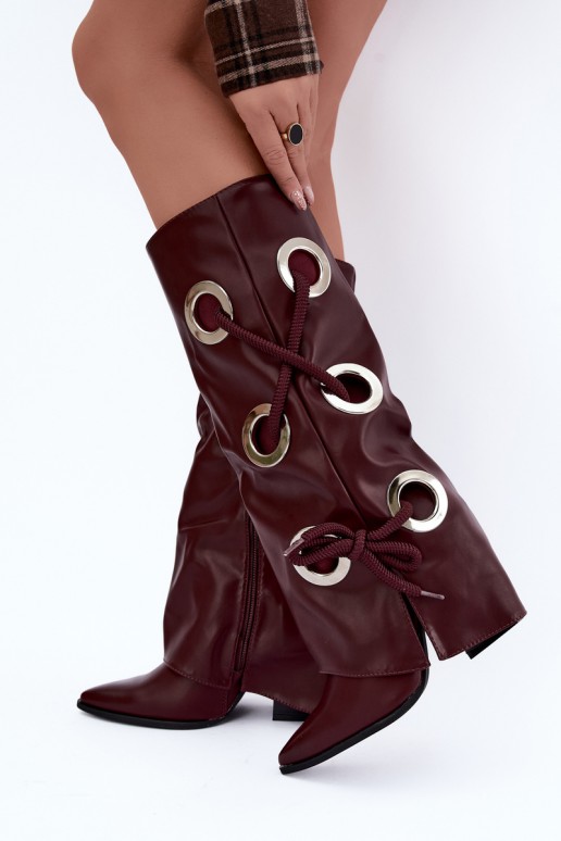 botas altas con caña atada y cordones decorativos en color burdeos Pamina