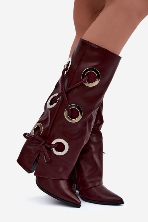 botas altas con caña atada y cordones decorativos en color burdeos Pamina