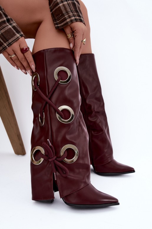 botas altas con caña atada y cordones decorativos en color burdeos Pamina