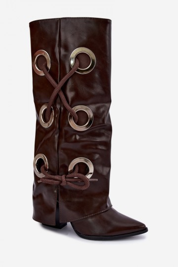 botas altas con caña atada y cordones decorativos en color chocolate Pamina