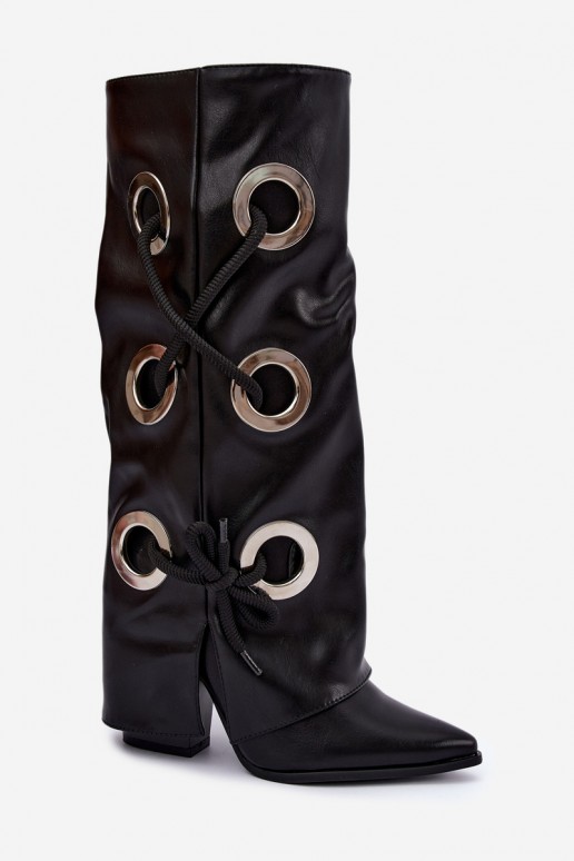 botas altas con caña atada y cordones decorativos en color negro Pamina