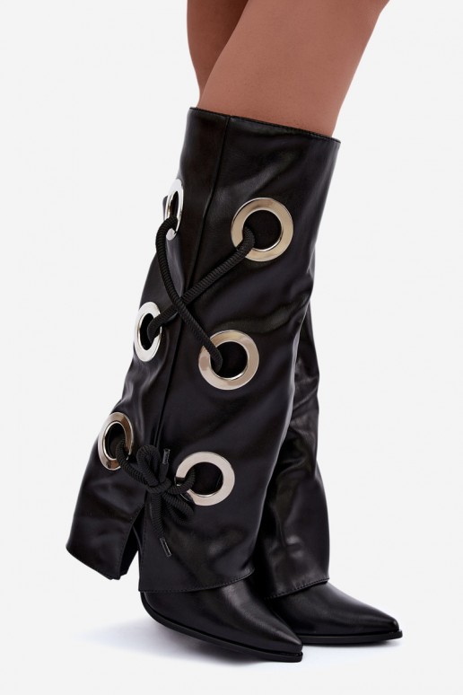 botas altas con caña atada y cordones decorativos en color negro Pamina