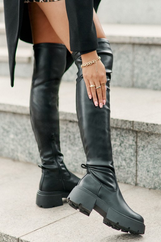 Botas negras por encima de la rodilla con plataforma de cuero sintético Loreviana