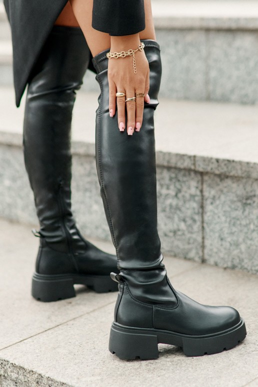 Botas negras por encima de la rodilla con plataforma de cuero sintético Loreviana
