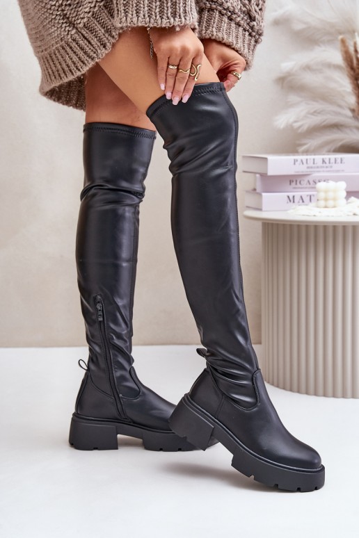 Botas negras por encima de la rodilla con plataforma de cuero sintético Loreviana