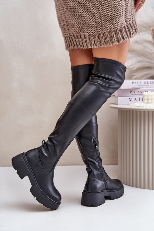 Botas negras por encima de la rodilla con plataforma de cuero sintético Loreviana