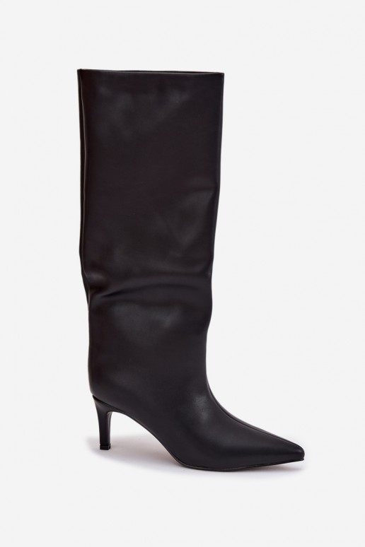 Botas de caña alta para mujer tipo slip-on, forradas y con tacones delgados, color negro, Olivienne