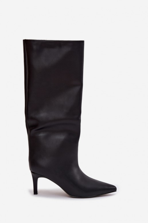 Botas de caña alta para mujer tipo slip-on, forradas y con tacones delgados, color negro, Olivienne