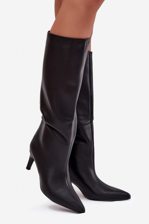 Botas de caña alta para mujer tipo slip-on, forradas y con tacones delgados, color negro, Olivienne