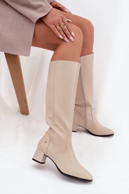 Botas beige aisladas para mujer por encima de la rodilla de cuero con tacones