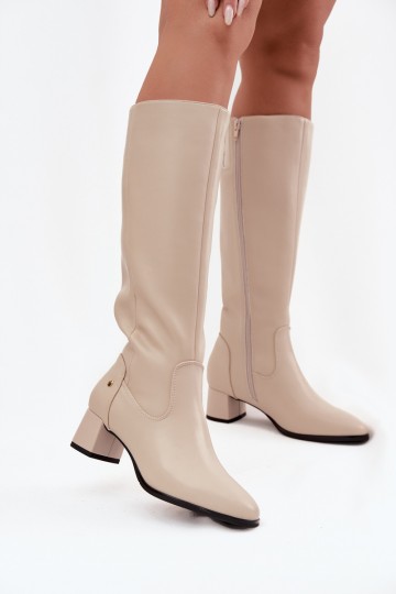 Botas beige aisladas para mujer por encima de la rodilla de cuero con tacones 2