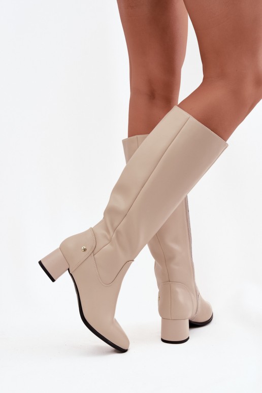 Botas beige aisladas para mujer por encima de la rodilla de cuero con tacones