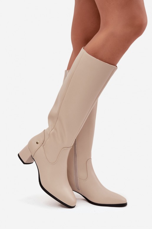Botas beige aisladas para mujer por encima de la rodilla de cuero con tacones