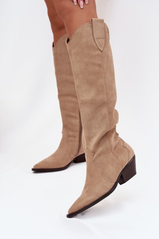 Botas largas de estilo cowboy acolchadas con tacón en ante sintético color arena Jovianne