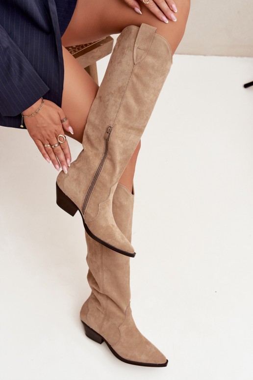 Botas largas de estilo cowboy acolchadas con tacón en ante sintético color arena Jovianne