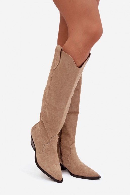 Botas largas de estilo cowboy acolchadas con tacón en ante sintético color arena Jovianne