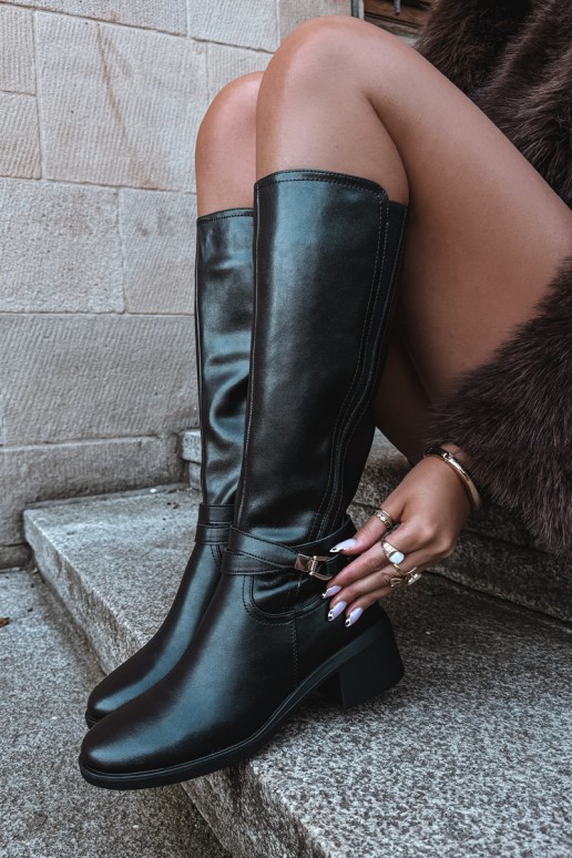 Botas altas de cuero forradas con tacones decorados Sergio Leone KZ-13 negras