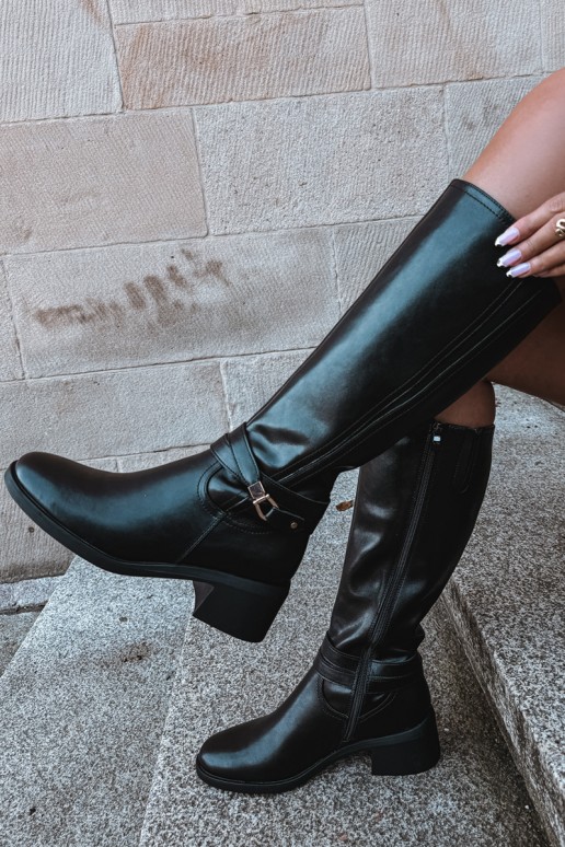 Botas altas de cuero forradas con tacones decorados Sergio Leone KZ-13 negras