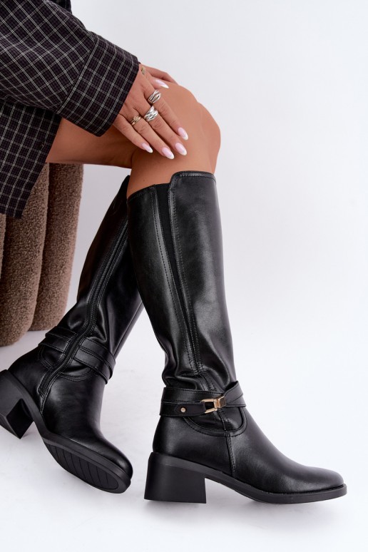 Botas altas de cuero forradas con tacones decorados Sergio Leone KZ-13 negras