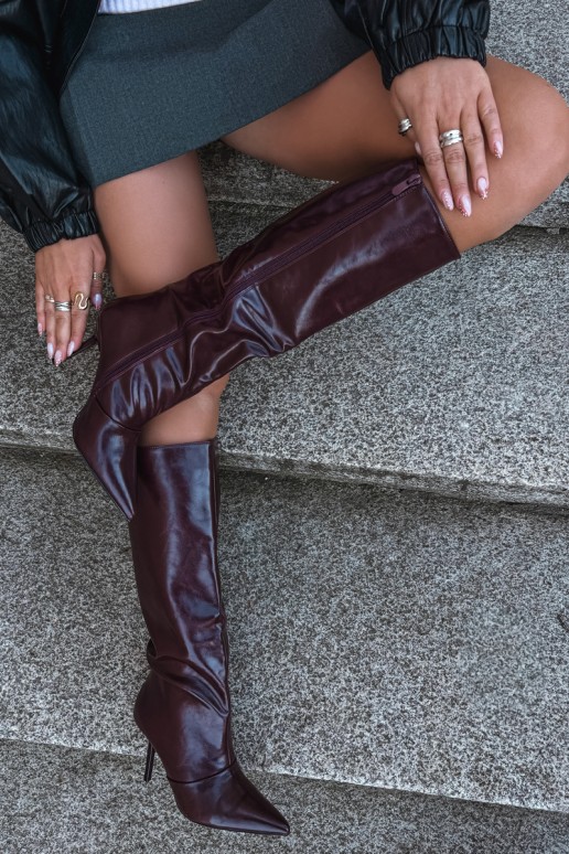 Botas cálidas por encima de la rodilla con tacones finos color burdeos Fenoria