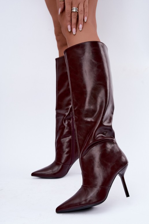 Botas cálidas por encima de la rodilla con tacones finos color burdeos Fenoria