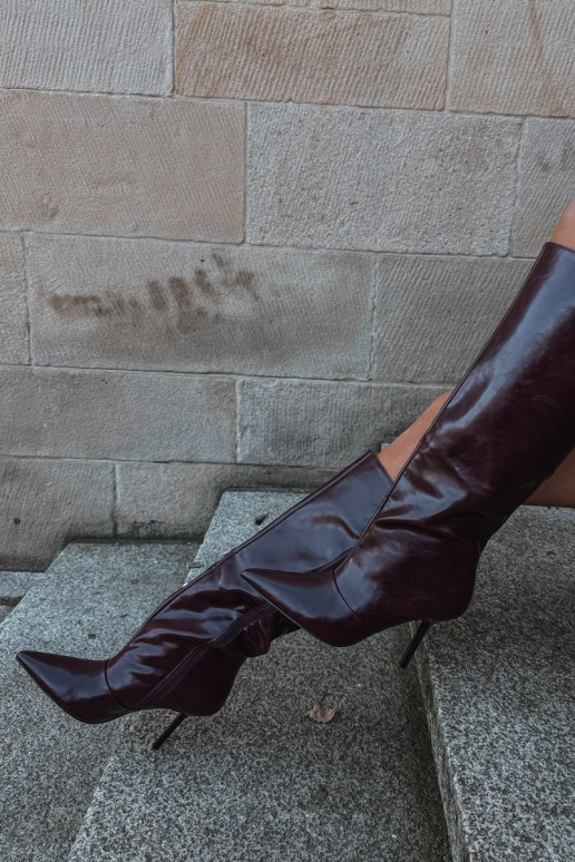 Botas cálidas por encima de la rodilla con tacones finos color burdeos Fenoria