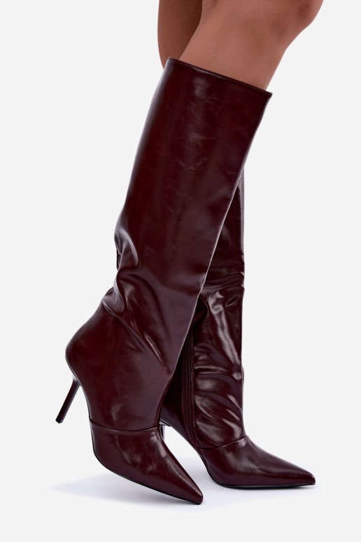 Botas cálidas por encima de la rodilla con tacones finos color burdeos Fenoria