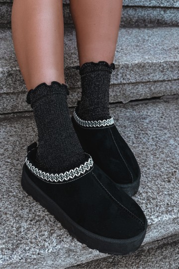 Botas de nieve bajas para mujer con flores bordadas y plataforma en negro Įjungtarirya