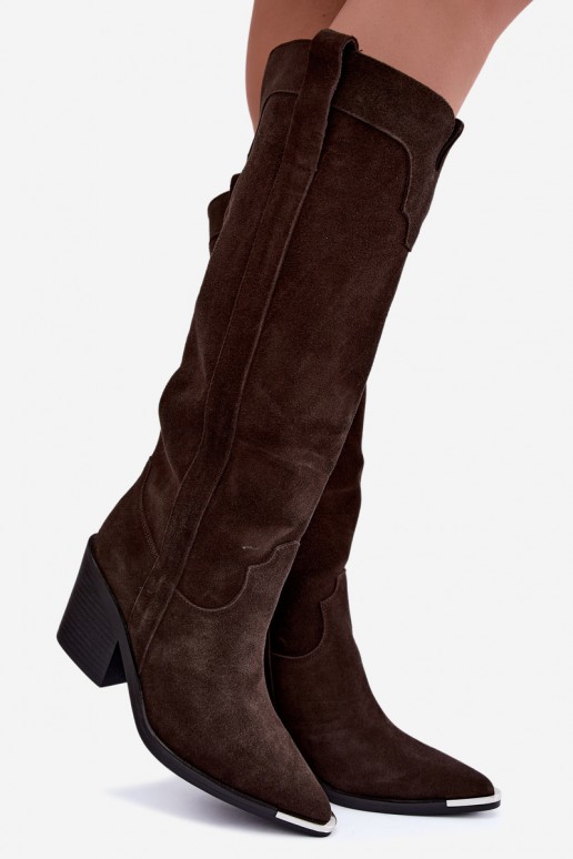 Botas altas de estilo cowboy con tacones en ante sintético marrón