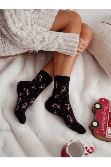 Calcetines negros para mujer con bastones de caramelo y copos de nieve