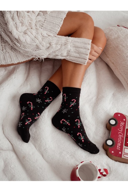 Calcetines negros para mujer con bastones de caramelo y copos de nieve