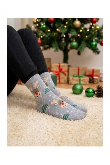 Calcetines grises para niños con renos sonrientes y árboles de Navidad