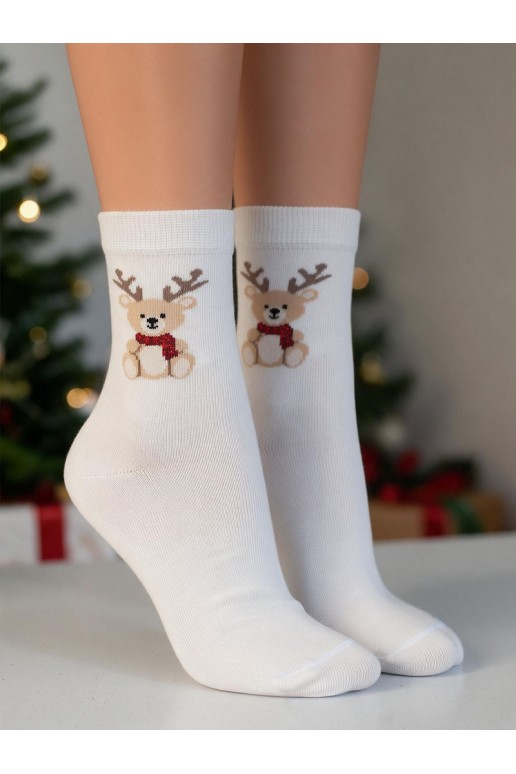 Calcetines infantiles con oso de Navidad y cuernos en color marfil