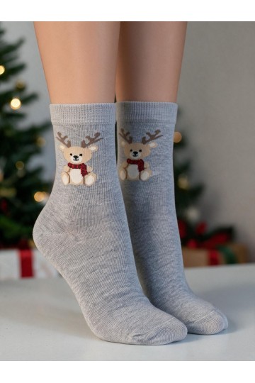 Calcetines infantiles con oso de Navidad y cuernos en gris