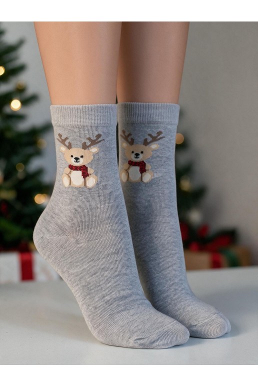Calcetines infantiles con oso de Navidad y cuernos en gris
