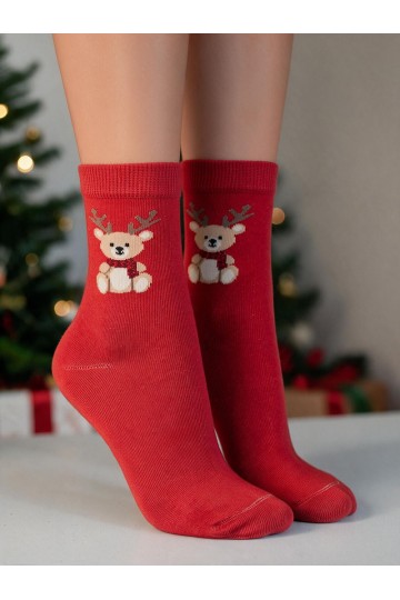 Calcetines infantiles con oso de Navidad y cuernos en rojo
