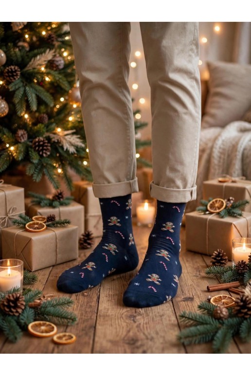 Calcetines para hombres con bastones de caramelo de Navidad y galletas en azul oscuro
