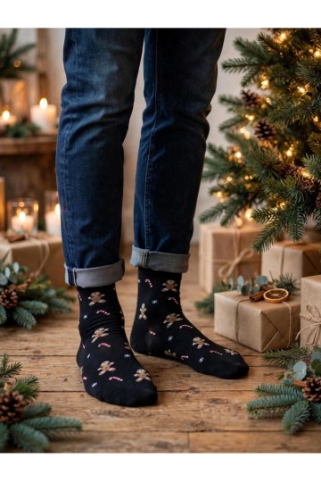 Calcetines para hombres con bastones de caramelo de Navidad y galletas en negro