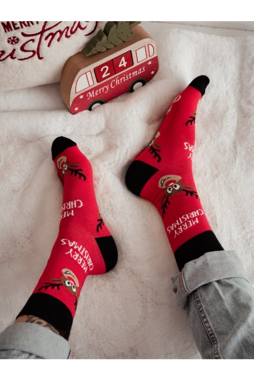 Calcetines para hombres con renos de Navidad y texto MERRY CHRISTMAS en rojo