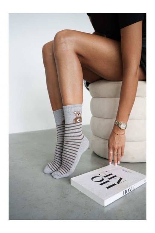 Calcetines para mujer con ositos y rayas en gris